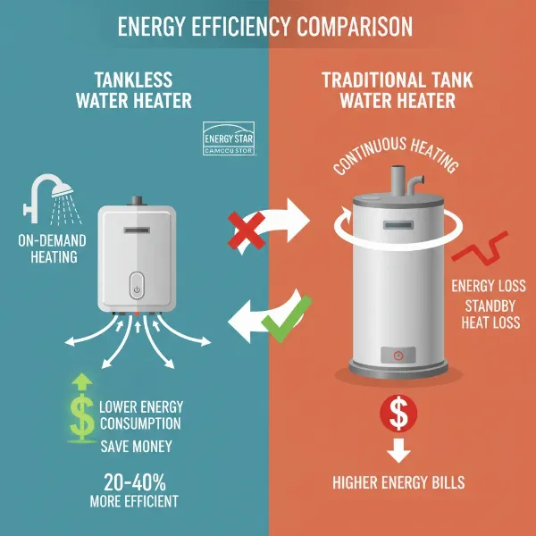 Illustration showing a tankless water heater saving energy compared to a traditional tank unit.