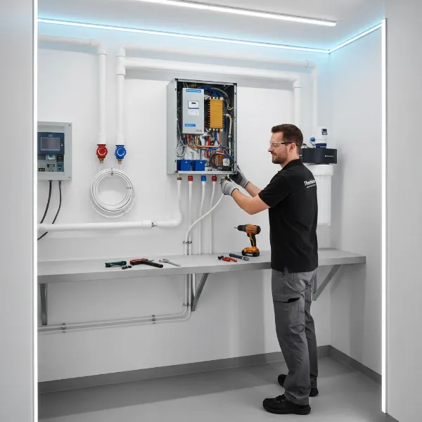 Efficient installation of Thermoflow Elex 12 in a modern utility space, highlighting its compact nature.