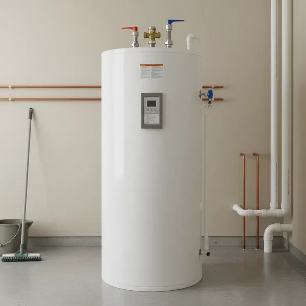 A large white traditional storage tank water heater in a utility room.