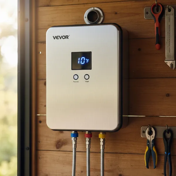 A compact Vevor propane tankless water heater with visible connections for an RV or cabin.