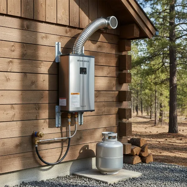An installed Vevor propane tankless water heater on an exterior wall with proper ventilation.