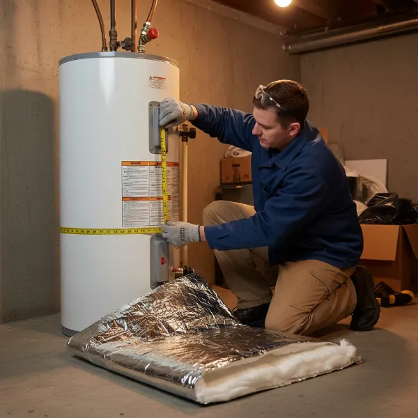 A person measuring the circumference of a standard residential water heater tank before installing a blanket.