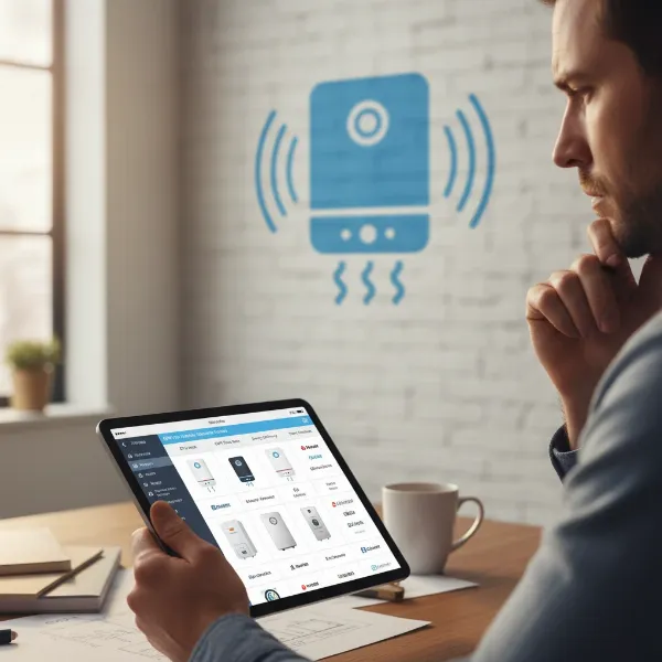 Homeowner comparing features of tankless water heaters on a tablet.