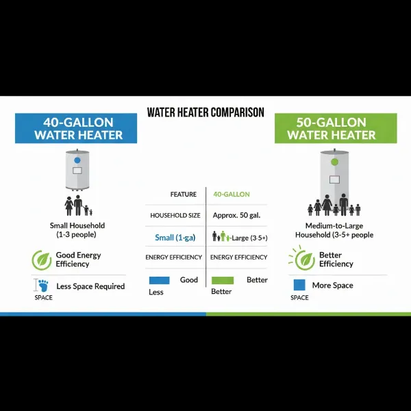 A visual comparison of 40-gallon and 50-gallon water heater benefits, showing family size and efficiency.