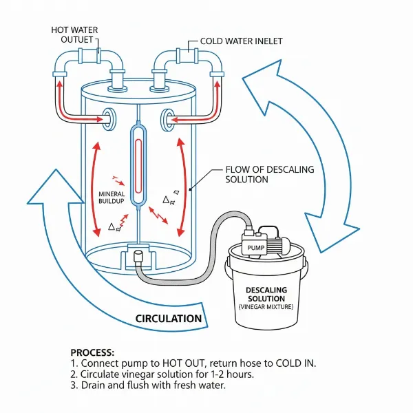 A graphic illustrating the steps to descale a water heater, showing water flowing through tubes and a descaling solution being introduced.