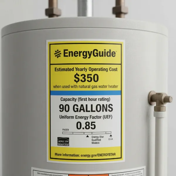 EnergyGuide label on a water heater, showing First Hour Rating and energy efficiency details.
