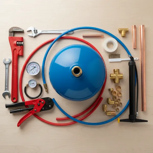 A collection of plumbing tools and materials needed for installing a water heater expansion tank, including pipe wrenches, pipe cutter, expansion tank, and various fittings.