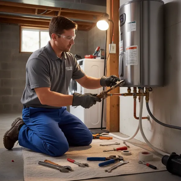 A plumber installing a water heater, highlighting the professional labor involved in the process.