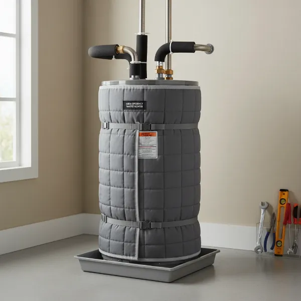 A water heater tank wrapped in an insulating blanket, with insulated pipes, highlighting energy efficiency and longevity for the appliance.