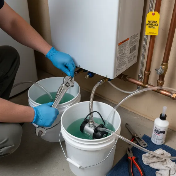A person performing maintenance on a water heater, such as descaling a tankless unit or flushing a tank.