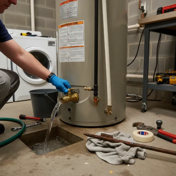 Hands performing routine maintenance on a water heater, such as flushing sediment or inspecting the anode rod.