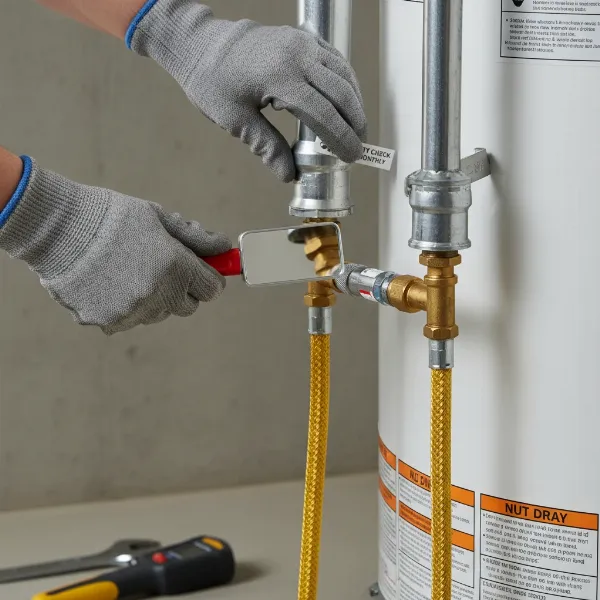 A person performing routine maintenance on a gas water heater, checking connections and the vent pipe.