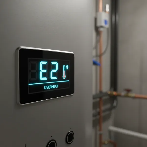 A digital display on a water heater showing an E2 error code for overheating, with a thermometer icon.