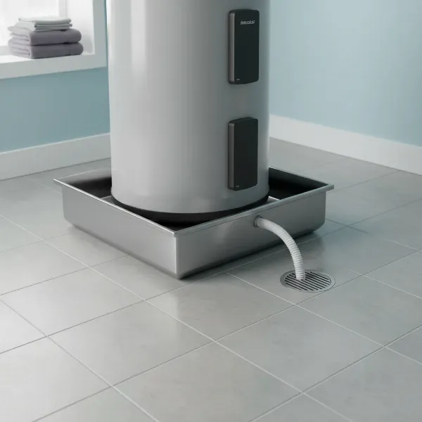 A water heater sitting securely within a protective pan, ready to prevent water damage.