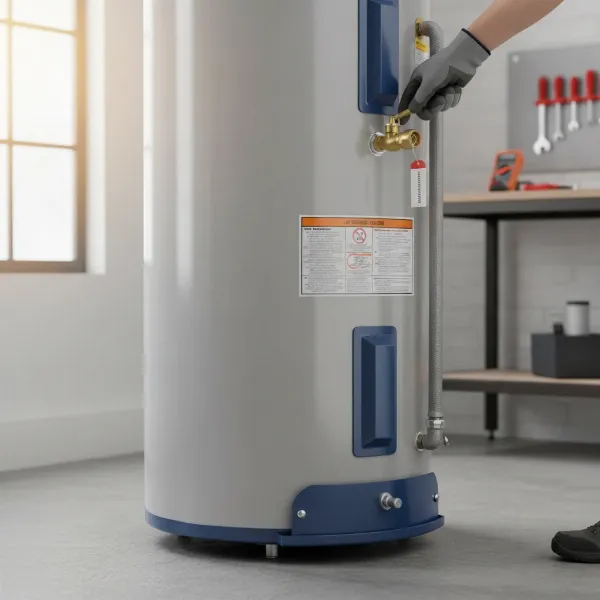 A homeowner performing preventative maintenance on a water heater, checking connections and T&P valve, clean and organized area