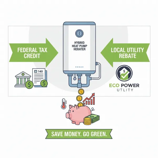 Illustration of government incentives and rebates for installing energy-efficient water heaters.