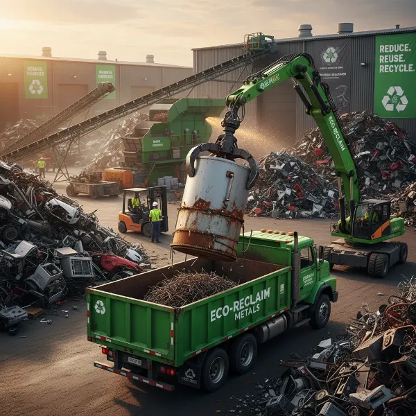 A decommissioned water heater being loaded onto a truck at a recycling center, emphasizing metal reclamation and environmental responsibility.