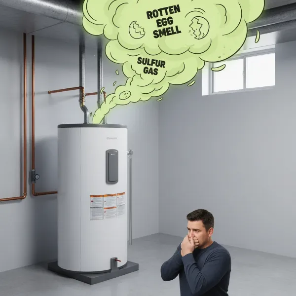 A water heater with a cloud of rotten egg smell emanating, indicating sulfur issues