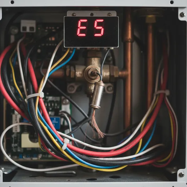 A close-up of a water heater's internal wiring and a damaged temperature sensor, with an error code displayed.