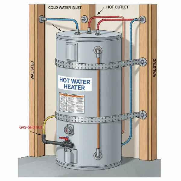 A diagram showing the proper installation of water heater earthquake straps on a tank-style water heater, with two straps clearly placed at the upper and lower thirds of the tank, anchored to wall studs, and highlighting flexible connectors for gas and water lines.