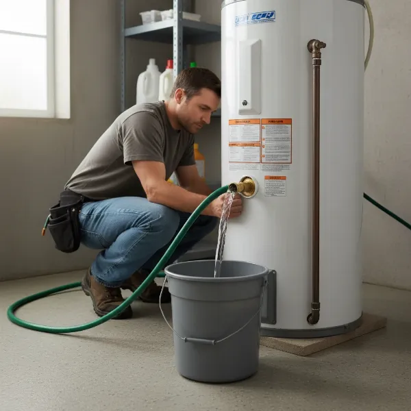 A person performing maintenance, flushing an electric water heater tank to remove sediment, with clear water coming out of the drain valve.