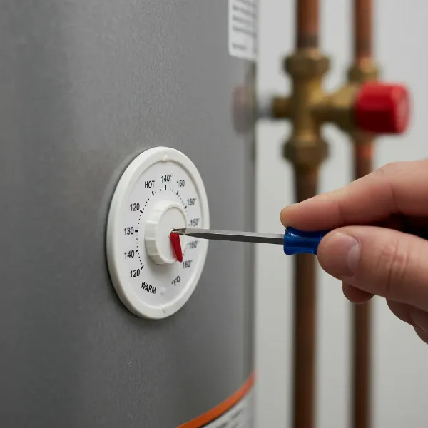 A hand adjusting a water heater temperature dial with a screwdriver, showing energy savings.