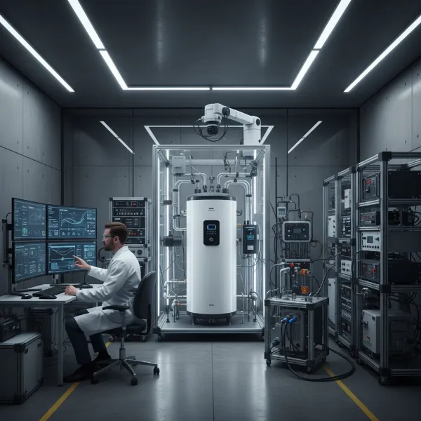 A technician monitoring water heater performance tests in a lab with various gauges and equipment.