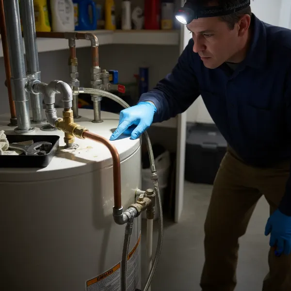 A person inspecting the top of a water heater, highlighting the T&P valve, inlet/outlet pipes, and anode rod for leaks, diagnostic process