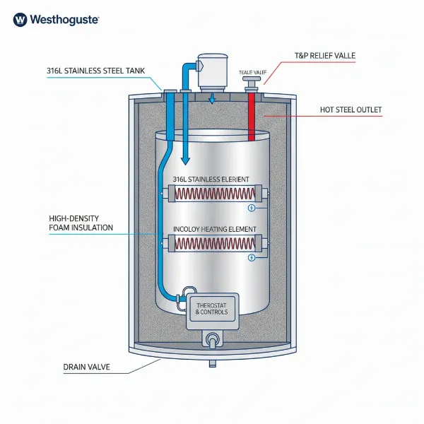 A detailed diagram illustrating the internal components of a Westinghouse stainless steel electric water heater.